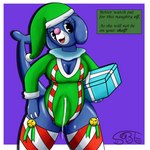 1:1 anthro big_breasts blue_body bodily_fluids bottomless breasts bulge christmas christmas_clothing christmas_headwear clothed clothing cum cum_drip cum_in_clothing cum_through_clothing dripping erection erection_under_clothing fizzy_pop_the_popplio floppy_ears generation_7_pokemon genital_fluids gift headgear headwear herm hi_res holidays intersex looking_at_viewer nintendo pokemon pokemon_(species) pokemorph popplio raised_tail sexybigears69 smile solo tail text thick_thighs wet wet_clothing