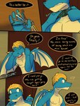 3:4 anthro blonde_hair blue_body bodily_fluids collar comic crying dialogue dragon english_text fuze hair hi_res holding_key holding_object key male membrane_(anatomy) membranous_wings mythological_creature mythological_scalie mythology nipples scalie sharp_(fuze) solo tears tears_of_joy text wings