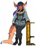 2015 5_fingers anthro biped blue_markings boots canada_lynx citra_(character) clothed clothing cosplay digital_media_(artwork) ear_piercing felid feline female fingers fish footwear full-length_portrait fully_clothed hair hi_res hybrid lynx mammal marine markings orange_body piercing pink_eyes portrait purple_hair ranged_weapon rocket_launcher shark shoes simple_background soldier_(team_fortress_2) solo standing team_fortress_2 teeth valve weapon white_background wintergreene