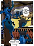 3:4 anthro canid canine canis city clothing comic dark_pup darkpup dialogue drago-kun english_text factory hero hero_fur hi_res male mammal text uniform wolf