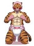 abs anthro baby_bonnet barn_(artist) beastars bengal_tiger bill_(beastars) booties clean_diaper clothed clothing diaper felid gag handwear male mammal mittens muscular muscular_male netflix pacifier pacifier_gag pantherine solo solo_focus tiger wearing_diaper