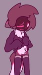 clothed clothing femboy footwear hair hi_res hoodie machine male pink_eyes protogen purple_body purple_hair raised_clothing raised_topwear sh4rik shy socks solo topwear