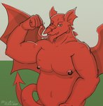 2023 anthro biceps cariadcarw dragon european_mythology flexing hi_res looking_at_viewer male membrane_(anatomy) membranous_wings mythological_creature mythological_scalie mythology navel nipple_piercing nipples one_eye_closed pecs piercing pointy_tongue red_body scalie slightly_chubby solo tail welsh_dragon western_dragon wings wink