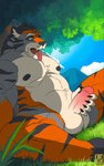 2d_animation animated anthro domestic_cat felid feline felis felixfellow forest khoi male mammal masturbation muscular muscular_male nature pantherine plant short_playtime solo tiger tree