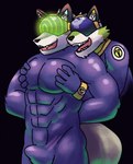 abs anthro balls_bulge brainwashing bulge canid canine canis duo erection fox full_body_suit fur green_body green_fur green_wolf_villain_(live_a_hero) grope groping_chest haha-yea hi_res hypnosis latex_suit lifewonders live_a_hero male mammal mind_control pecs vulpecula wolf wolf_villain_(live_a_hero)