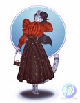 absurd_res anthro bag black_hair blue_eyes bottomwear clothed clothing darkdukewolf dress duo felid female hair handbag hi_res long_hair mammal markings pantherine skirt snow_leopard spots spotted_body wristlet_(bag)