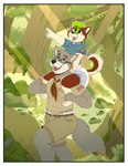 abdl absurd_res bfc border bottlebear camping canid canine canis carrying_on_shoulders ck clothed clothing cub_scouts day detailed_background diaper diaper_under_clothing father_(lore) father_and_child_(lore) father_and_son_(lore) flak flat_colors forest fully_clothed fur grey_body grey_fur hi_res male mammal on_another's_shoulders outside parent_(lore) parent_and_child_(lore) parent_and_son_(lore) plant scout_uniform sitting_on_shoulders son_(lore) trail tree walking wearing_diaper white_border wolf