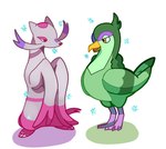 2013 ambiguous_gender anthro beak biped claws dipstick_tail duo eyebrows feathers feet feral fur generation_5_pokemon green_body green_feathers green_tail_feathers green_wings markings mienshao nintendo pink_body pink_eyebrows pink_feet pink_fur pink_tail_tip pokemon pokemon_(species) red_eyes red_nose shiny_pokemon simple_background solarbyte standing tail tail_markings tranquill white_background white_body white_claws white_fur wings yellow_beak yellow_eyes