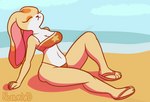 aged_up anthro beach big_breasts big_butt bikini breasts butt clothing cream_the_rabbit female footwear hi_res lagomorph leporid mammal nokamiwd rabbit sandals seaside sega shoes simple_background smile solo sonic_the_hedgehog_(series) sunbathing swimwear thick_thighs two-piece_swimsuit wide_hips