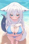 2024 2:3 absurd_res animal_humanoid beach big_breasts bikini blue_bikini blue_clothing blue_eyes blue_swimwear blush breasts bulging_breasts canid canid_humanoid canine canine_humanoid clothed clothing clothing_lift deaver ear_piercing ear_ring eyebrows eyelashes female fox_humanoid front-tie_bikini hair hand_on_chest hi_res hololive humanoid inner_ear_fluff legband looking_at_viewer mammal mammal_humanoid piercing ring_piercing shirakami_fubuki shirt shirt_lift side-tie_bikini solo string_bikini swimwear thighband topwear tuft two-piece_swimsuit vtuber white_hair