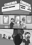 5_fingers anthro butt clothed clothing comic duo english_text equid equine fingers food freckles_(artist) herm_(lore) horse juniper_(freckles) lagomorph leporid male mammal monochrome open_mouth open_smile popcorn rabbit shirt smile tail text topwear