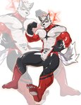 2024 abs anthro beard biceps black_sclera bulge canid canine canis claws clothing deltoids facial_hair flexing flexing_bicep fur grey_body grey_fur hair hand_on_hip hi_res hpeng_04 latex_suit male mammal multicolored_clothing multicolored_suit muscular muscular_anthro muscular_male nipple_outline pecs red_eyes ryouon_ritsu skintight_suit solo suit toe_claws white_body white_fur white_hair wolf