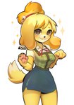 2023 4_fingers animal_crossing anthro bell bitterk4t black_nose blonde_hair bottomwear breasts canid canine canis clothing digital_drawing_(artwork) digital_media_(artwork) dipstick_tail domestic_dog female fingers fur hair handpaw hi_res isabelle_(animal_crossing) looking_at_viewer mammal markings nintendo pawpads paws pink_pawpads portrait shih_tzu simple_background skirt solo sparkles tail tail_markings three-quarter_portrait toy_dog white_background yellow_body yellow_fur yellow_tail