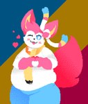 2019 :3 ambiguous_gender anthro belly belly_overhang big_belly black_nose blep blue_bottomwear blue_clothing blue_eyes blue_pants blush bottomwear clothed clothing digital_media_(artwork) eeveelution fluffy fluffy_tail fully_clothed fur generation_6_pokemon gesture gloves_(marking) hair hand_heart heart_symbol lgbt_pride looking_at_viewer male_(lore) markings muffin_top neck_tuft nintendo one_eye_closed overweight overweight_ambiguous overweight_anthro pansexual_pride_colors pants pattern_background pink_body pink_fur pink_hair pink_tongue pixel_(artwork) pokemon pokemon_(species) pokemorph portrait pride_color_background pride_colors ribbonfurl scarf shirt simple_background solo standing striped_background sylveon tail thick_thighs three-quarter_portrait three-quarter_view tongue tongue_out topwear tuft velvet_(atsuineko) white_body white_clothing white_fur white_shirt white_topwear yellow_scarf