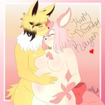 anthro belly big_belly birthday breast_squish breasts duo eeveelution featureless_breasts female female/female generation_1_pokemon generation_4_pokemon heart_symbol hi_res jolteon leafeon lesbian_couple licking licking_another licking_partner nintendo passionateathene pokemon pokemon_(species) pregnant pregnant_anthro pregnant_female romantic romantic_ambiance romantic_couple squish tongue