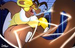 2022 2_toes 4_fingers alolan_form alolan_raichu anthro barefoot big_breasts big_tail biped bodily_fluids bottomless breasts brown_body brown_fur brown_hair cheek_spots cleavage clothed clothing deecie_(character) electricity electricity_manipulation elemental_manipulation eyewear feet female fingers floating frown fur generation_7_pokemon glasses hair hi_res holding_object holding_screwdriver holding_tool inner_ear_fluff inside leg_markings lightning long_tail looking_at_viewer markings narrowed_eyes nintendo oceanotter_(artist) open_frown open_mouth pokemon pokemon_(species) pokemorph prehensile_tail regional_form_(pokemon) round_glasses saliva screwdriver server_room shiny_pokemon shirt side_view signature socks_(marking) solo tail tank_top teeth toes tongue tools topwear topwear_only tuft yellow_eyes yellow_nose