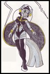 anthro biped black_border border clothed clothing costume crossover equid equine female flying friendship_is_magic green_eyes hair hair_down hasbro headgear headwear long_hair mammal marvel my_little_pony reddragonkan sky solo storm storm_(marvel) superhero traditional_media_(artwork) zebra zecora_(mlp)