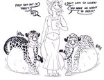 anthro belly big_belly black_and_white blondevelvet canid canine chain cheetah collar conditional_dnp english_text felid feline female feral group hi_res king_cheetah mammal monochrome nipples pen_(artwork) simple_background spots text traditional_media_(artwork) trio white_background