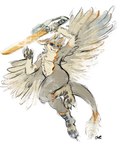 anthro avali avian blue_eyes dervali ears_back feathered_wings feathers full-length_portrait grey_body hi_res holding_melee_weapon holding_object holding_sword holding_weapon male melee_weapon narrowed_eyes nude oselotti pivoted_ears portrait signature simple_background smile solo sword weapon white_background winged_arms wings