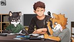 anthro book canid canine canis child clothed clothing domestic_dog eyes_closed eyewear glasses group homework human kaminosaki male mammal young young_anthro young_male