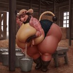 1:1 2020 anthro areola barn barn_door belly bent_over big_breasts big_butt biped black_boots black_clothing black_footwear black_hands black_nose bodily_fluids boots bottomwear bovid bovine bow_(feature) breast_grab breast_milking breasts bucket butt chair checkered checkered_clothing checkered_shirt checkered_topwear clothed clothing container cowboy_hat cutoffs denim denim_bottomwear denim_clothing detailed_background digital_media_(artwork) digital_painting_(artwork) door exposed_breasts eyes_closed female filling_container footwear full-length_portrait furniture generation_2_pokemon hand_on_breast hand_on_pole hat hay hay_bale headgear headwear hi_res huge_breasts huge_butt huge_hips hyper hyper_breasts inside lactating mammal metal_bucket midriff milk milking_self miltank multicolored_body nintendo nipples obese open_door open_mouth overweight overweight_anthro overweight_female pants patacon pattern_clothing pattern_shirt pattern_topwear pink_areola pink_body pink_nipples pokemon pokemon_(species) portrait shirt shoes shorts skimpy smile solo stool thick_thighs tied_shirt topwear two_tone_body wall_(structure) white_body wide_hips window wood wood_chair wood_door wood_furniture wood_wall wooden_post