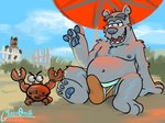 2022 3_toes 4_fingers alex_yeena anthro arthropod beach beach_umbrella bear briefs bulge clothed clothing cloud club_penguin crab crustacean decapoda erection erection_under_clothing feet feral fingers fur genitals glass0milk group half-closed_eyes herbert_p._bear hi_res humanoid_genitalia humanoid_penis hyena looking_at_viewer malacostracan male mammal marine narrowed_eyes navel nipples nude open_mouth open_smile orange_clothing orange_underwear parasol penis polar_bear sand seaside sitting sky smile teeth toes underwear ursine white_body white_fur