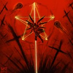 1:1 2024 absurd_res coin cross digital_media_(artwork) digital_painting_(artwork) dirtypaperjoe explosion gun handgun hi_res jumping machine midair monochrome new_blood_interactive occult_symbol pentagram ranged_weapon red_background ricochet robot shotgun simple_background symbol ultrakill v1_(ultrakill) weapon