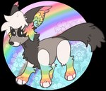 2019 alpha_channel ambiguous_gender black_nose black_sclera canid canine chibi coontail_hair digital_drawing_(artwork) digital_media_(artwork) ear_tuft feet feral feral_with_hair flat_colors floral_background freckled_face freckles full-length_portrait fur grey_body grey_fur hair jaspering leg_markings mammal markings multicolored_markings portrait rainbow rainbow_inner_ear rainbow_markings smile snout socks_(marking) solo sparklefur tail toeless_(marking) toeless_socks_(marking) tuft whiskers white_eyes white_hair