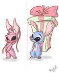 2023 alien angel_(lilo_and_stitch) antennae_(anatomy) anthro biped black_eyes blue_body blue_fur chest_tuft colored_sketch digital_drawing_(artwork) digital_media_(artwork) disney duo experiment_(lilo_and_stitch) eyelashes female fur gift head_tuft holding_gift holding_object lilo_and_stitch long_antennae male notched_ear pink_antennae pink_body pink_fur s4vin scut_tail short_tail signature simple_background sketch smile standing stitch_(lilo_and_stitch) tail tuft white_background