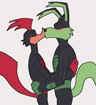 anthro arms_around_partner avian beak bird blush canid canine canis cheek_tuft clothing coyote cuculiform duo eyes_closed facial_tuft feathers fernypaw fluffy fluffy_tail fur fuzzy green_body green_fur head_feathers hi_res hug kiss_on_lips kissing loonatics_unleashed looney_tunes love male male/male mammal new_world_ground_cuckoo predator/prey red_body red_feathers rev_runner roadrunner romantic romantic_couple side_view simple_background standing tail tail_feathers tech_e._coyote tuft warner_brothers white_background