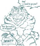 angry anthro dialogue dominant english_text felid holding_crotch male mammal muscular muscular_anthro muscular_male omorashi pantherine solo text tiger urakata5x