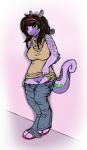 anthro blueparadox clothed clothing female generation_6_pokemon genitals goodra nintendo pokemon pokemon_(species) presenting pussy simple_background solo tail tattoo