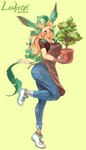 absurd_res anthro apron big_breasts blonde_hair blush blush_lines bodily_fluids bottomwear breasts brown_clothing brown_topwear cheek_tuft cleavage clothed clothing denim denim_bottomwear denim_clothing eeveelution facial_tuft female footwear fur generation_4_pokemon green_hair hair hair_bun hi_res holding_object inner_ear_fluff jeans leaf leaf_tail leafeon looking_at_viewer multicolored_body nintendo noruru3737 pants plant plant_pot plant_tail pokemon pokemon_(species) running_shoes shoes simple_background small_waist solo sweat sweatdrop tail topwear tuft two_tone_body yellow_body yellow_fur