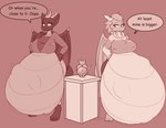 anthro big_breasts breasts bumpywish clothed clothing dialogue dragon duo embarrassed english_text female fertility_idol hi_res horn hyper hyper_pregnancy monochrome mythological_creature mythological_scalie mythology petra_(highcaloriesand) pillar pregnant rapid_pregnancy red_body rosa_(highcaloriesand) scalie speech_bubble standing surprised_expression text thick_thighs torn_clothing unborn_kicking wings