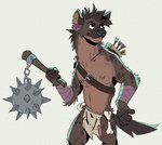 anthro arm_wraps arrow_(weapon) arrows belt bone bottomwear brown_body brown_fur brown_hair clothed clothing digital_media_(artwork) ear_piercing ear_ring facial_piercing flail fur gnoll hair holding_melee_weapon holding_object holding_weapon hyena hyenamancer loincloth male mammal markings melee_weapon nipple_piercing nipples nose_piercing notched_ear partially_clothed piercing quiver_(object) ranged_weapon ring_piercing shoulder_belt simple_background solo spots spotted_body spotted_fur spotted_hyena spotted_markings tail topless weapon wraps