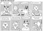 2004 anthro becky_mooney beverage canid canine canis closet_coon colin_young comic dialogue duo english_text female food fox gesture hand_gesture happy leafdog looking_at_another male mammal monochrome open_mouth pointing sitting text wolf