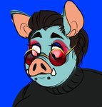 2019 anthro beastofeuthanasia black_clothing black_eyebrows black_eyes black_hair black_sweater black_topwear blue_background blue_body blue_eyelids blue_fur clothed clothed_anthro clothed_female clothing colored_sketch digital_media_(artwork) domestic_pig eyebrows eyelashes eyeshadow eyewear facial_piercing female female_anthro fur glasses hair icon lip_piercing looking_down makeup mammal manta_veera_amanda piercing red_eyeshadow red_eyewear red_sunglasses short_hair simple_background sketch solo suid suina sunglasses sus_(pig) sweater tan_inner_ear topwear tusks