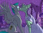 broken_horn clothed clothed_feral clothing cutie_mark dress duo equid equine eyes_closed feathered_wings feathers female feral fetlocks foxenawolf fur goldfur's_cogsverse green_body green_fur green_hair grey_body grey_fur hair hasbro hooves horn kiss_on_lips kissing lavender_dreams male male/female mammal multicolored_hair my_little_pony mythological_creature mythological_equine mythology night pegasus purple_hair sky spread_wings star starry_sky surprise surprise_kiss two_tone_hair unicorn unicorn_horn whirring_cogs wings