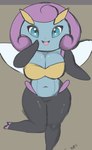 antennae_(anatomy) anthro arthropod big_breasts blue_eyes breasts female generation_3_pokemon grey_background illumise insect_wings mythrasboobhead nintendo pokemon pokemon_(species) simple_background smile solo thick_thighs wide_hips wings