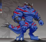 2023 abs absurd_res anthro armor armwear bandai_namco biceps big_arms biped blue_body blue_skin bodily_fluids claws clothing digimon digimon_(species) featureless_crotch greymon greymon_x headgear helmet hi_res horn looking_at_viewer male markings metal muscular muscular_anthro muscular_legs muscular_male nipples orange_eyes palette pecs pupils red_markings serratus sharp_teeth slit_pupils solo spiked_tail spikes spikes_(anatomy) tail teeth triceps valentinesartx vein x-digimon