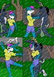 anthro binky_bunny_(rutwell) bottomwear breasts cleavage clothed clothing comic dancing duo electricity eyes_closed female hair hug hugging_another hugging_from_behind jewelry kthanid_(artist) lagomorph leporid lightning loincloth male male/female mammal necklace pooka_(folklore) purple_hair rabbit rutwell_forest scut_tail short_tail shorts stormdancer_(rutwell) tail