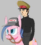 baseball_cap blue_eyes blue_mane clothing dollpony duo equid equine female feral hasbro hat headgear headwear horse human kuz long_ears male male/male mammal mane my_little_pony pink_body pony quadruped riding russian santiago_arevalo simple_background soviet_union