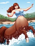 3:4 beach big_breasts breasts centaur clothing coreldraw_(artwork) digital_media_(artwork) equid equid_taur european_mythology female greek_mythology hi_res humanoid_taur mammal mammal_taur mythology palm_tree partially_submerged phantom_inker plant sea seaside solo taur tree water