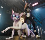 3d_(artwork) absurd_res anthro backstreet blender_(artwork) blender_cycles cable canid canine canis cybernetic_limb cybernetics cyberpunk digital_media_(artwork) domestic_dog duo female female/female hi_res lagomorph leash leash_pull leporid machine mammal mokson neon_lights rabbit virtual_reality whip