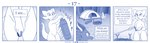 blue_and_white comic detailed_background dialogue dragon english_text female feral hi_res horn kobold larger_feral lost_my_keys male monochrome mythological_creature mythological_scalie mythology nude scalie size_difference smaller_female text vavacung