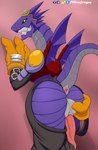 anthro anus arresterdramon balls bandai_namco belt bottomwear butt clothed clothing digimon digimon_(species) dragon e621_logo furaffinity furaffinity_logo genitals gloves hand_on_butt handwear hi_res holding_butt looking_at_viewer male mythological_creature mythological_scalie mythology open_bottomwear open_clothing open_pants oversized_bottomwear oversized_clothing oversized_pants pants penis purple_body raised_tail scalie shinyfoxguy simple_background solo tail tail_anus twitter twitter_logo wall_(structure) wings