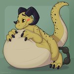 3_toes belly belly_inflation blush feet hi_res horn inflation kobold orange_eyes scalie smile solo symrea toes toony yellow_body