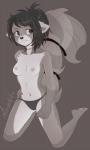 2014 anthro black_hair black_nose breasts brown_eyes clothed clothing female fur grey_body grey_fur hair mammal michithethird nipples panties procyonid raccoon solo tail tail_wraps tawney topless underwear wraps