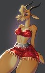 2022 2_horns absurd_res amber_eyes antelope anthro blonde_hair bottomwear bovid breasts cleavage clothed clothing coin_belt crop_top disney eyebrows eyelashes eyeshadow female fur gazelle gazelle_(zootopia) hair hair_over_eye hands_behind_back hi_res horn looking_at_viewer makeup mammal medium_breasts midriff miniskirt navel one_eye_obstructed red_bottomwear red_clothing red_shirt red_skirt red_topwear shirt simple_background skirt solo tail tan_body tan_fur thick_thighs topwear xensoi zootopia