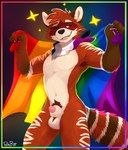 absurd_res accessory ailurid animal_genitalia anthro arm_markings asexual_pride_colors balls bandanna black_nose brown_body brown_fur cheek_tuft facial_tuft fangs flag flag_(object) fur genitals glistening glistening_eyes hi_res holding_flag holding_object kerchief leg_markings lgbt_pride light_balls light_body light_fur light_markings light_sheath male mammal markings mostly_nude multicolored_bandanna multicolored_kerchief multicolored_neckerchief multicolored_neckwear navel neckerchief neckwear one_eye_closed open_mouth pache_riggs penis penis_tip portrait pride_color_accessory pride_color_bandanna pride_color_flag pride_color_kerchief pride_color_neckerchief pride_color_neckwear pride_colors rainbow_border rainbow_pride_colors red_body red_eyes red_fur red_panda red_penis sheath signature six-stripe_rainbow_pride_colors solo standing striped_markings striped_tail stripes tail tail_markings tan_balls tan_body tan_fur tan_sheath teeth three-quarter_portrait tuft